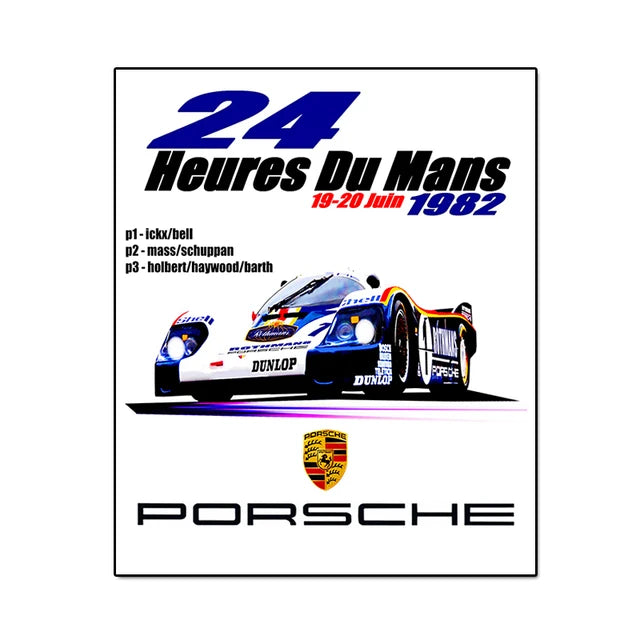 A vintage racing poster featuring the title 24 Heures Du Mans and driver names for the 1982 race.