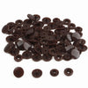 A pile of assorted dark brown snap buttons, measuring 12mm and 10.5mm, for crafting.