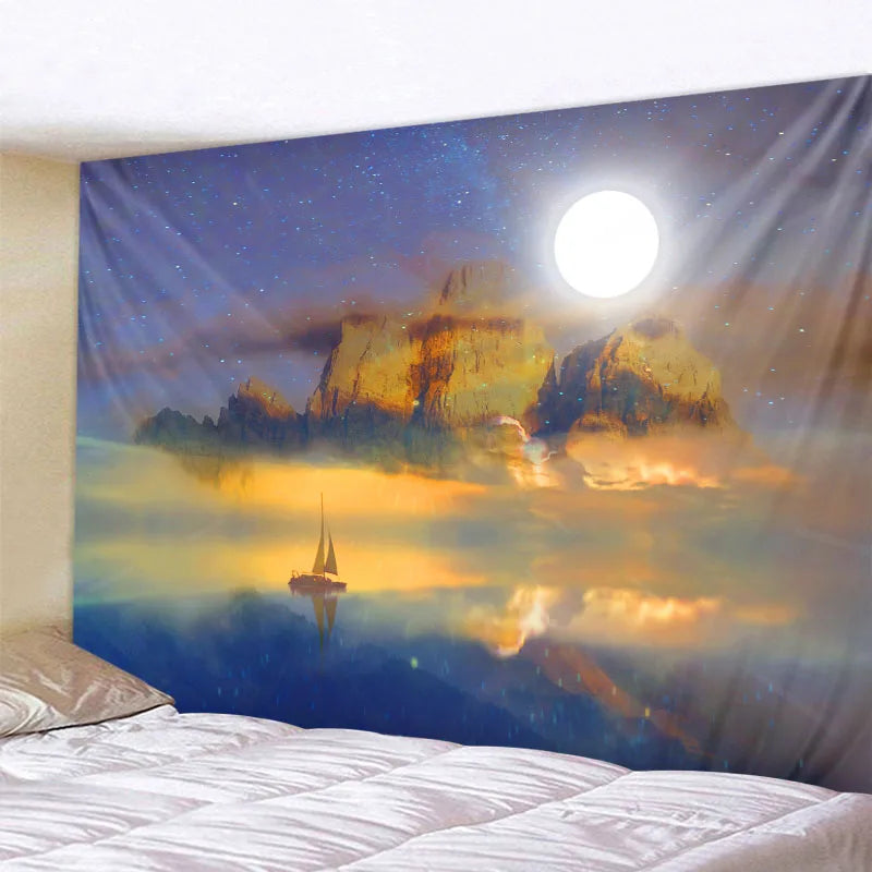 Milky Way night sky tapestry featuring a bright moon, silhouetted mountains, and a sailboat on the water.