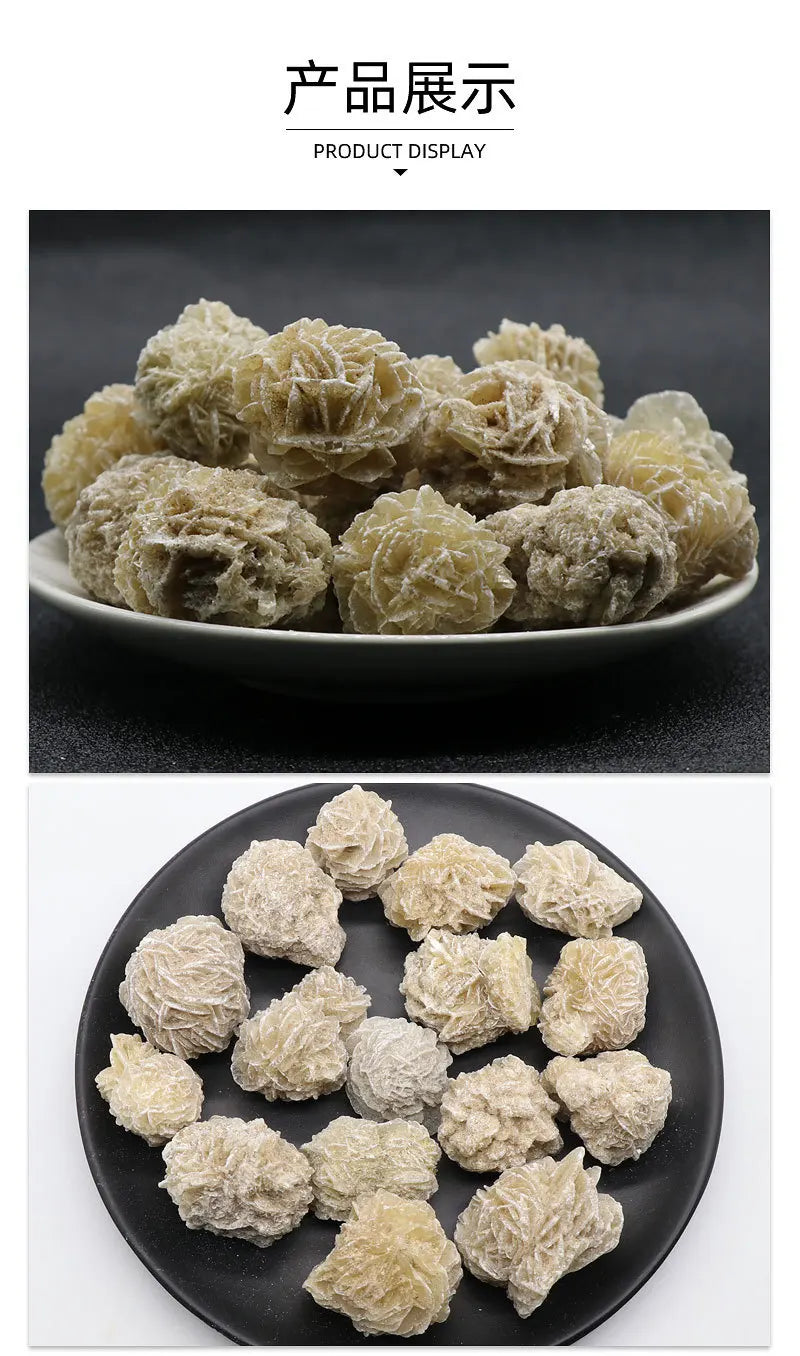 A display of natural desert rose selenite stones piled on a dark plate.