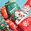 A collection of festive Christmas drawstring gift bags featuring designs of Santa Claus and snowflakes in red, green, and whi