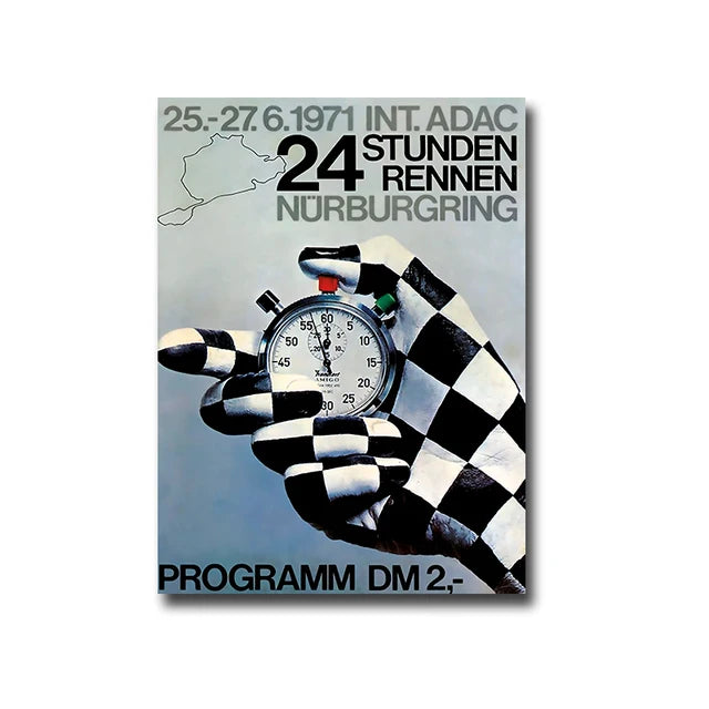 A black and white checkered glove holds a stopwatch displaying time, set against a background of an old racing event poster.