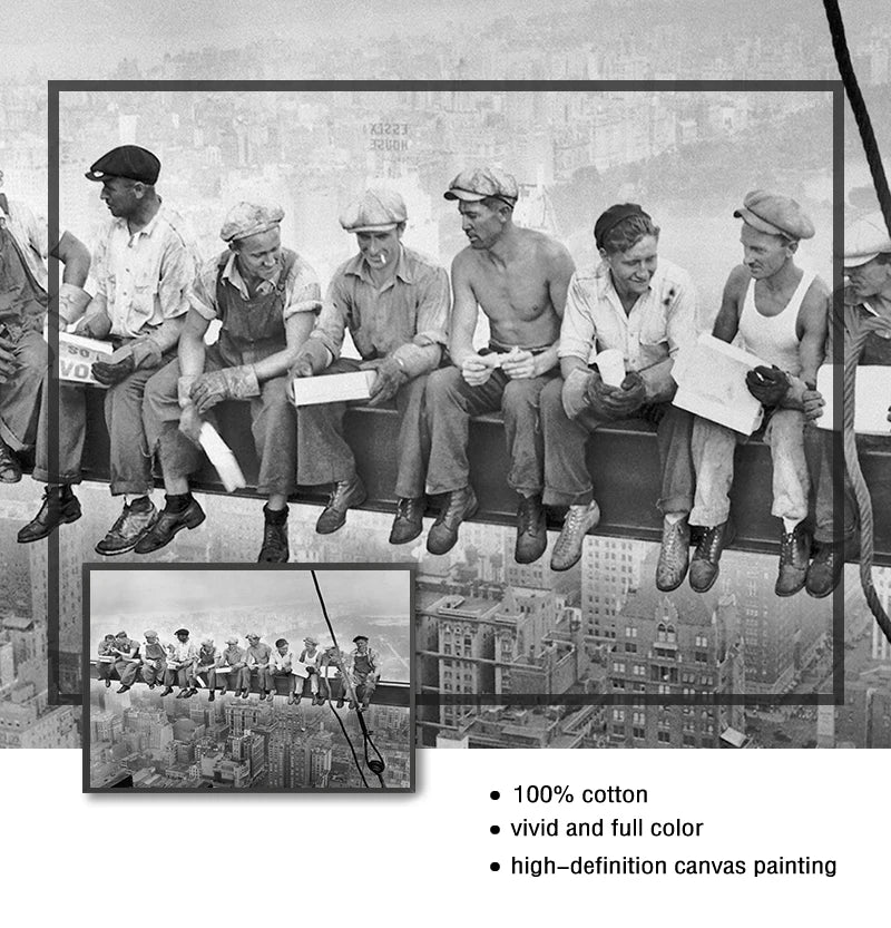 Black and white canvas painting depicting a group of men sitting on a ledge overlooking a New York City skyline.