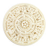 A circular wooden divination board showing zodiac signs, days of the week, and constellations.