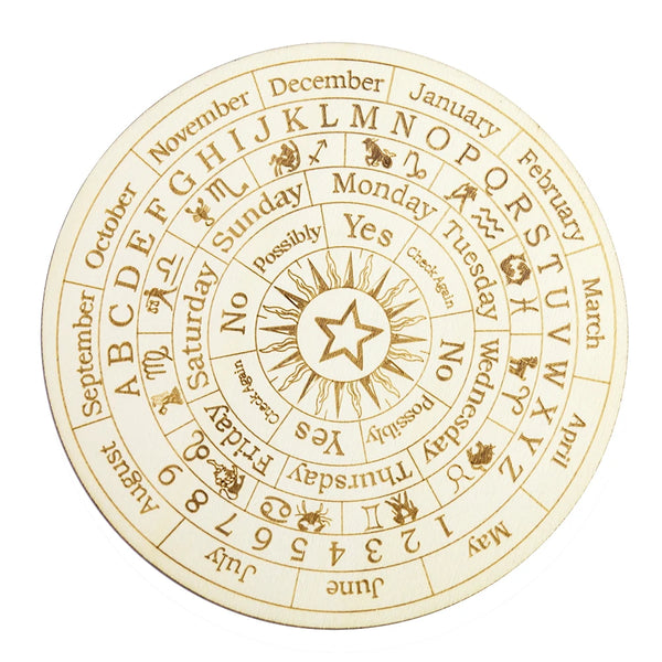 A circular wooden divination board showing zodiac signs, days of the week, and constellations.
