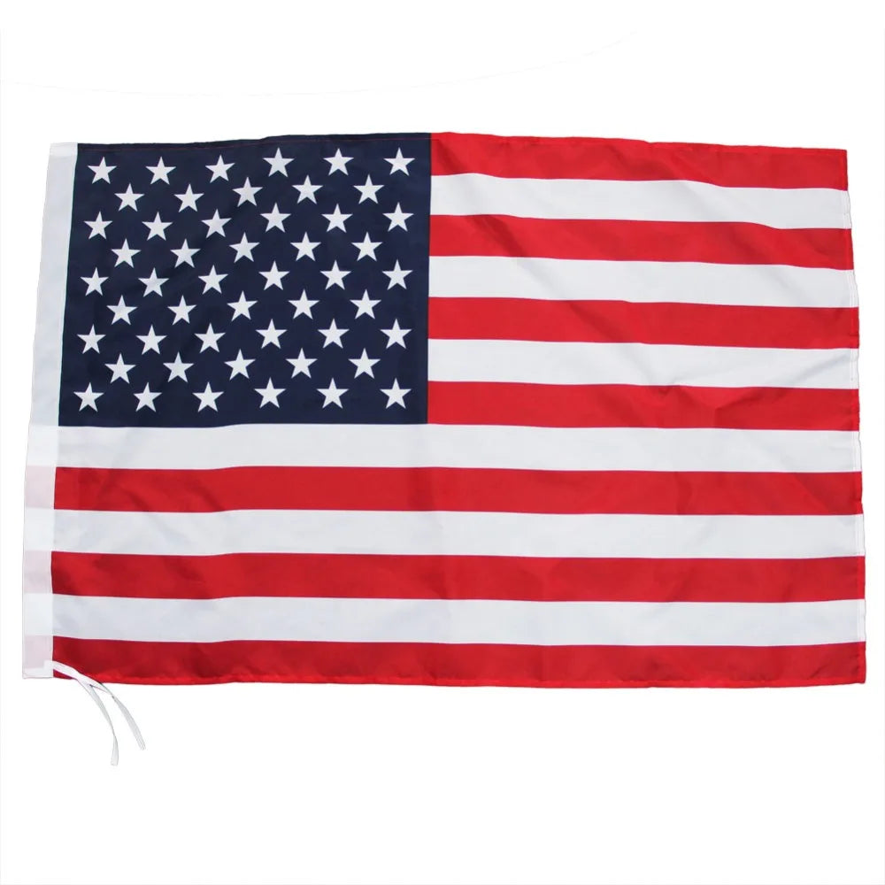 A large American flag banner featuring the stars and stripes design.