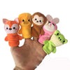 A hand holds a set of plush finger puppets featuring various animal characters like a fox, bear, and monkey.