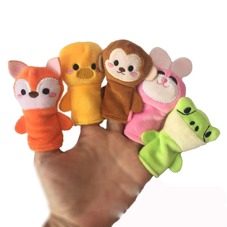 A hand holds a set of plush finger puppets featuring various animal characters like a fox, bear, and monkey.