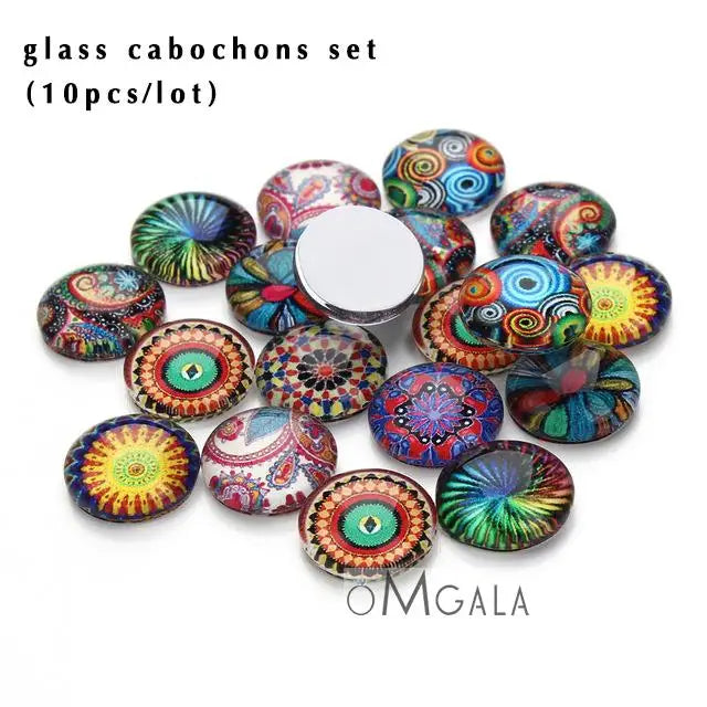 A set of ten colorful glass cabochons in leopard print patterns for jewelry making.