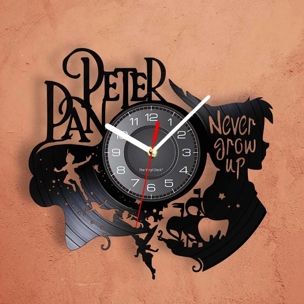 A black wall clock shaped like a vinyl record featuring the name Peter Pan and a sports car design.