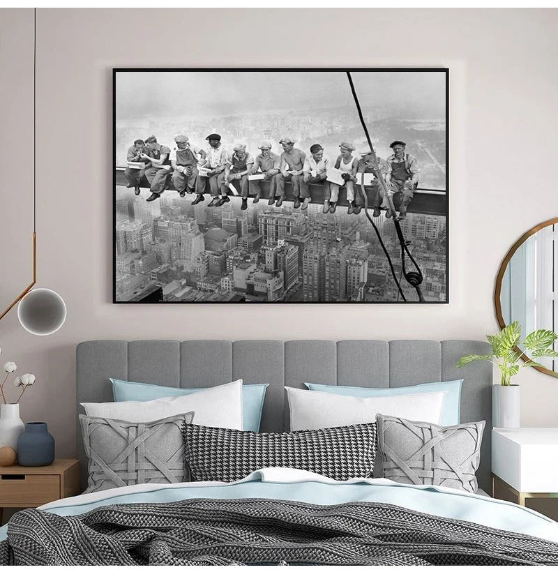 Black and white canvas wall art depicting a group of people overlooking the New York City skyline.