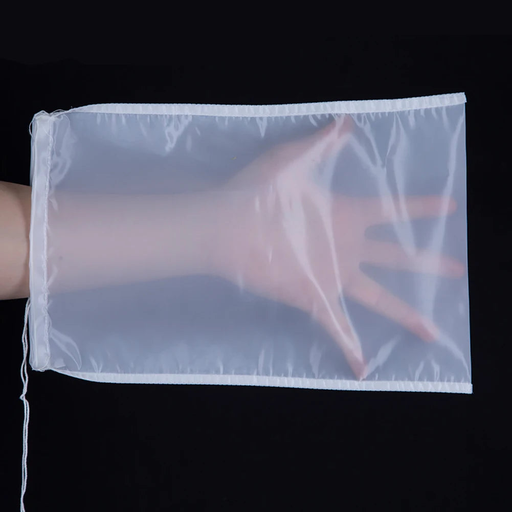 A clear nylon filter bag is shown with a hand inside, demonstrating its use for filtering liquids.