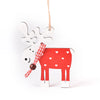 Hand-painted wooden deer ornament with a red and white plaid nose hanging from twine.