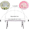 A silver adjustable balloon arch column stand with a pink floral backdrop and a rectangular table top.