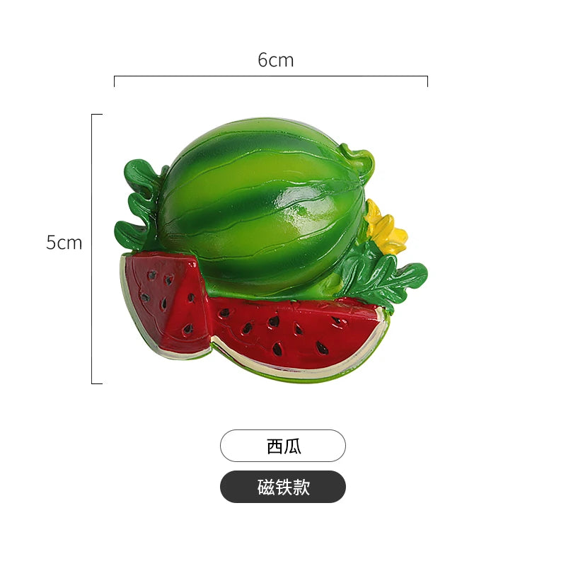 A set of realistic, cute 3D fridge magnets shaped like a sliced watermelon and a green cucumber.