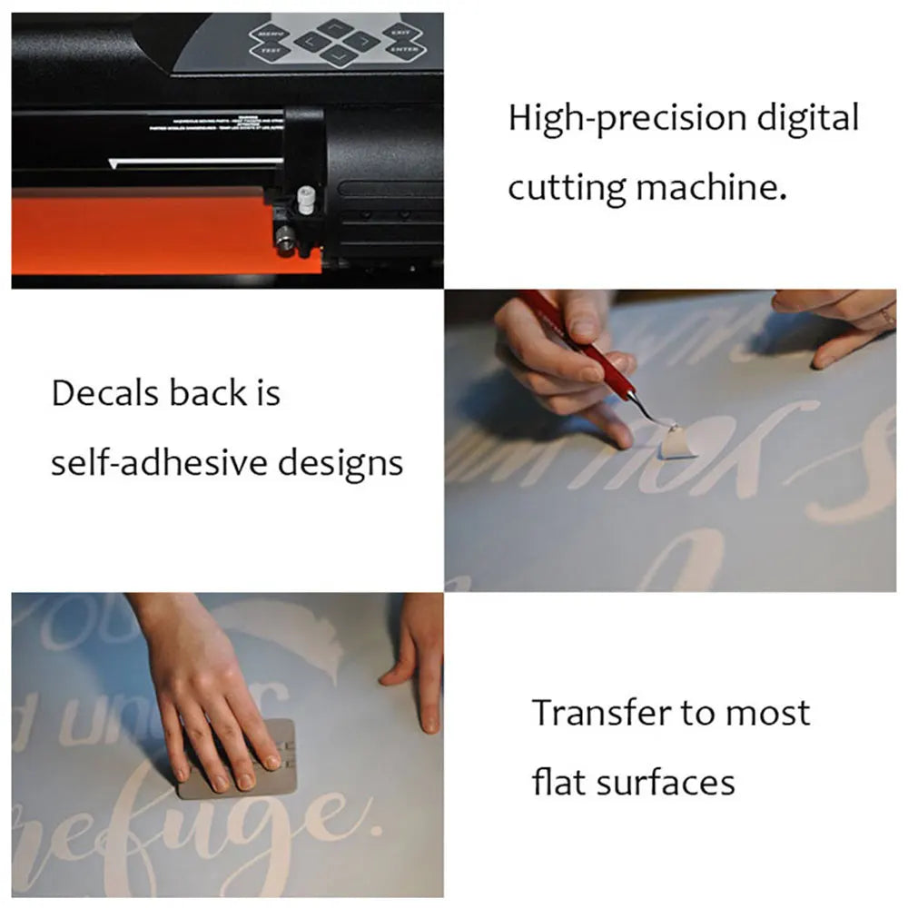 A hand applies a self-adhesive decal to a flat surface for Islamic calligraphy wall art.