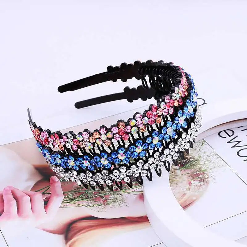 A close-up of a sparkling crystal rhinestone headband for women displayed on a white background.