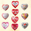 A collection of ten heart-shaped foil balloons in various colors and designs, including red, pink, and silver, with 'I Love Y