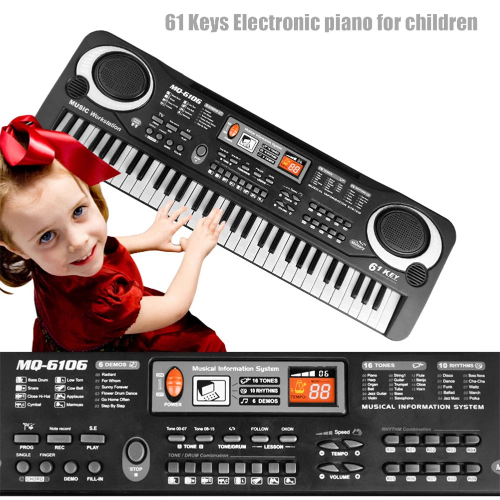 A black 61 key electronic piano for children with a microphone, shown in a close-up view.