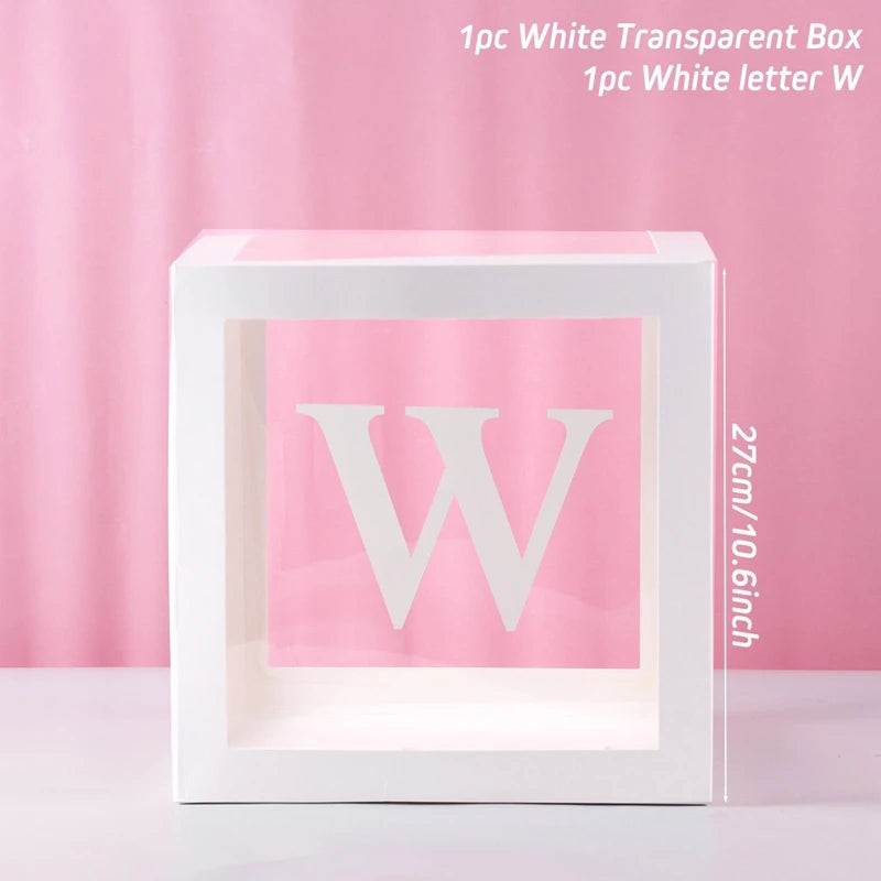 A white transparent box with a large white letter W inside, displayed against a pink background.