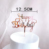 Rose gold acrylic happy birthday cake topper with a 12.5cm size measurement