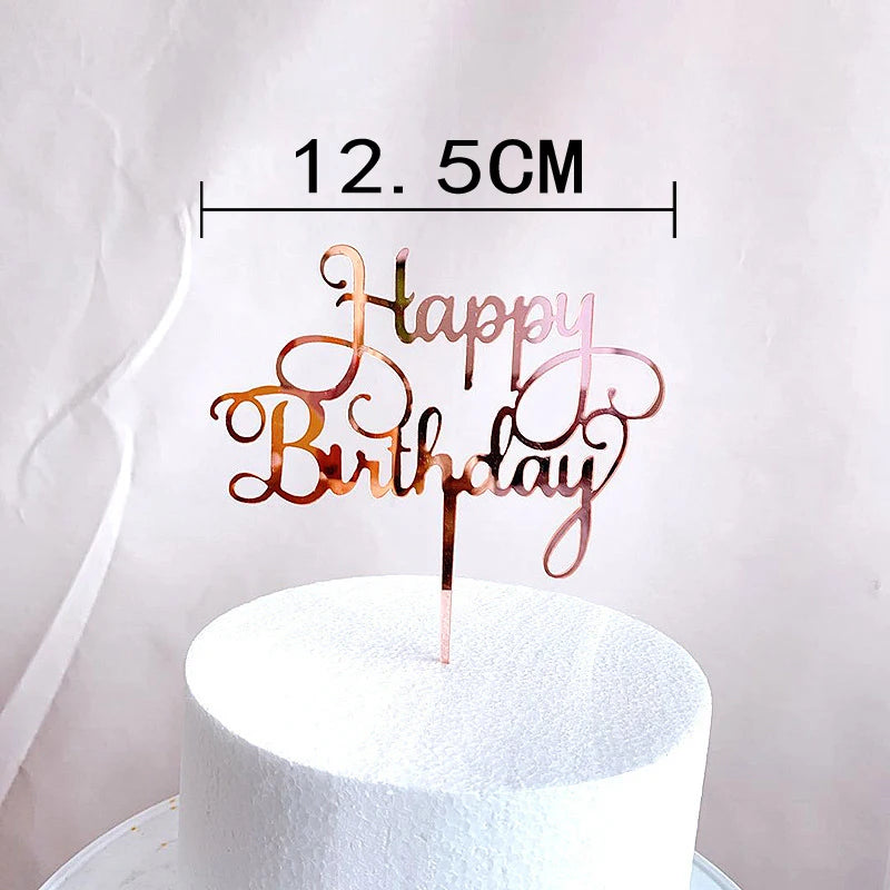 Rose gold acrylic happy birthday cake topper with a 12.5cm size measurement