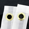 A pair of white display flags with gold grommets against a black background.