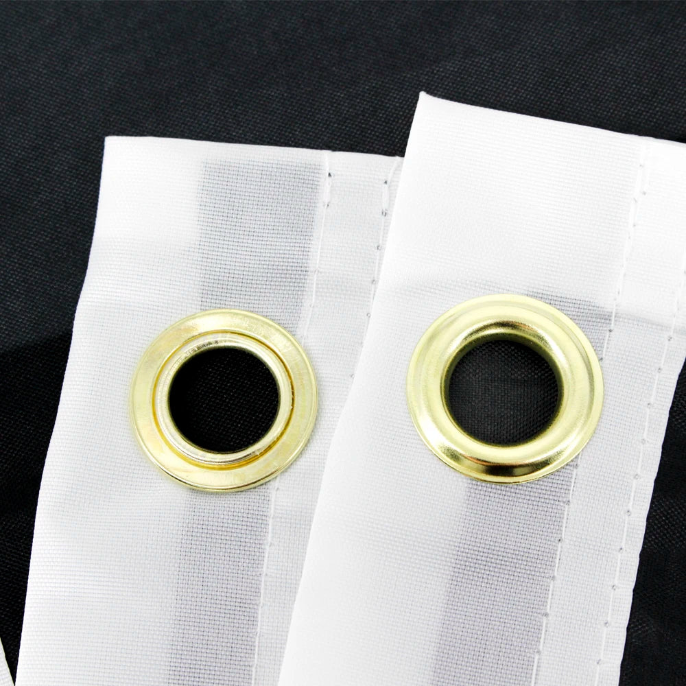 A pair of white display flags with gold grommets against a black background.