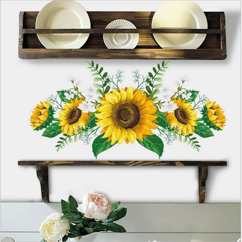 Wooden tray with white plates and a floral wreath design featuring yellow sunflowers and green leaves