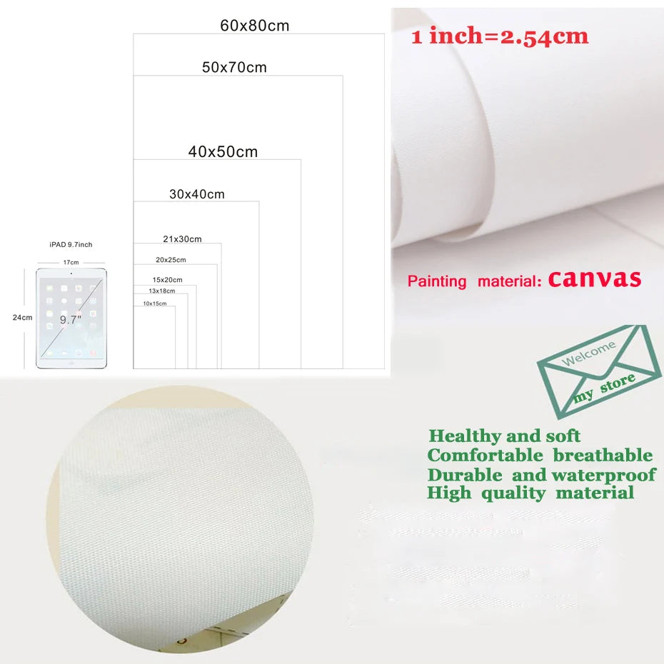 A set of three canvas prints with various sizes displayed next to a roll of white canvas material.