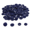 A pile of assorted dark blue snap buttons, measuring 12mm and 10.5mm, for crafting.