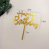 Gold acrylic happy birthday topper with measurements showing the size of the lettering.