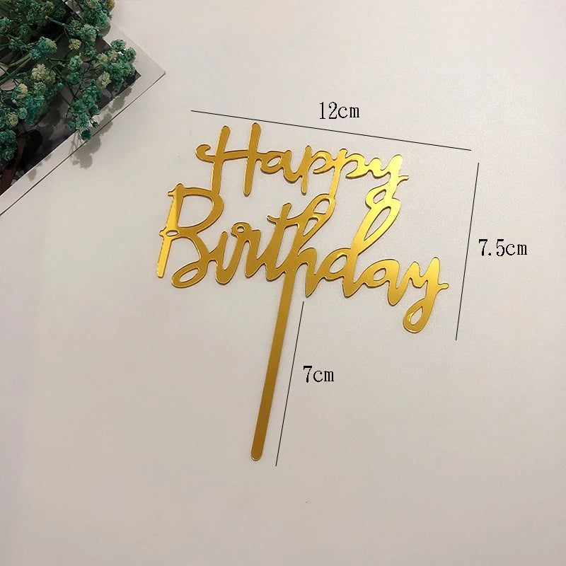 Gold acrylic happy birthday topper with measurements showing the size of the lettering.
