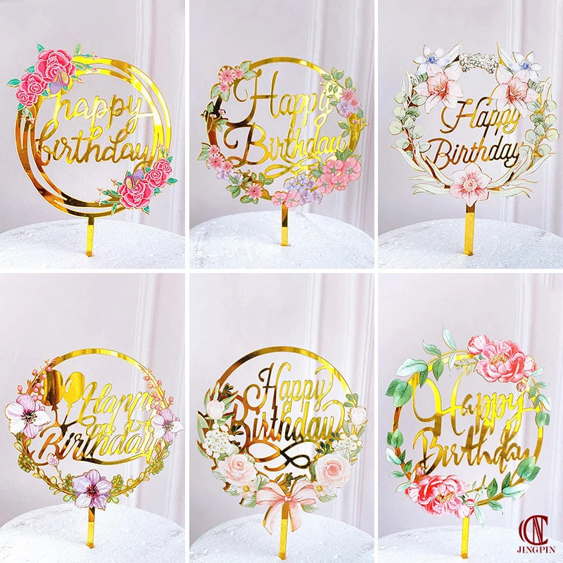 Rose gold acrylic wreath with pink and white flowers for a happy birthday cake topper