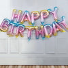 A garland of rose gold and iridescent foil letter balloons spelling out Happy Birthday decoration.