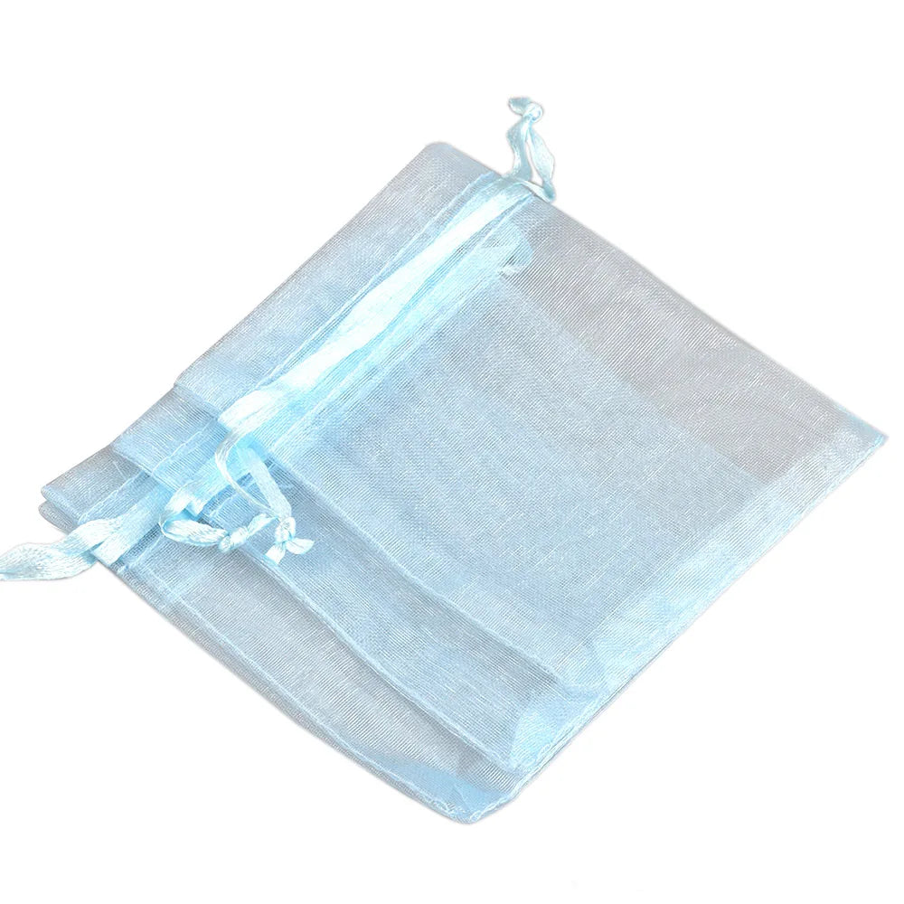Light blue organza drawstring gift pouch for jewelry, candy, or party favors