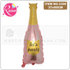 A pink and gold aluminum foil champagne bottle balloon for parties.