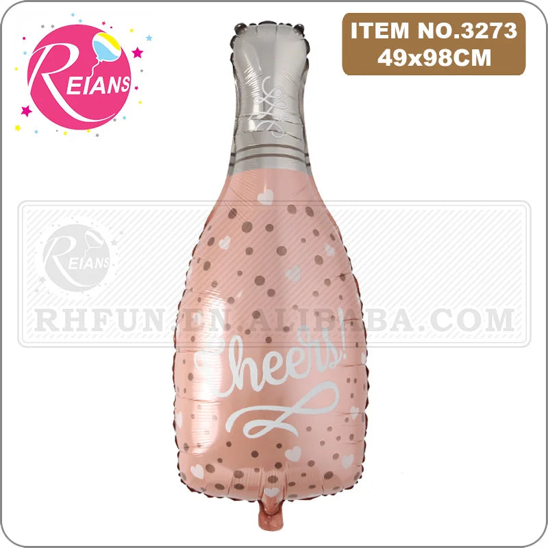 A pink aluminum foil champagne bottle balloon with a silver foil wrapper and heart designs.