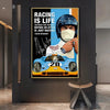 A canvas poster featuring a man in racing gear and a blue race car, with text about life and racing.