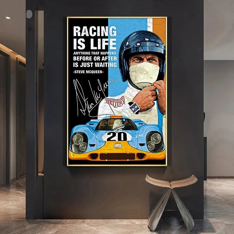 A canvas poster featuring a man in racing gear and a blue race car, with text about life and racing.