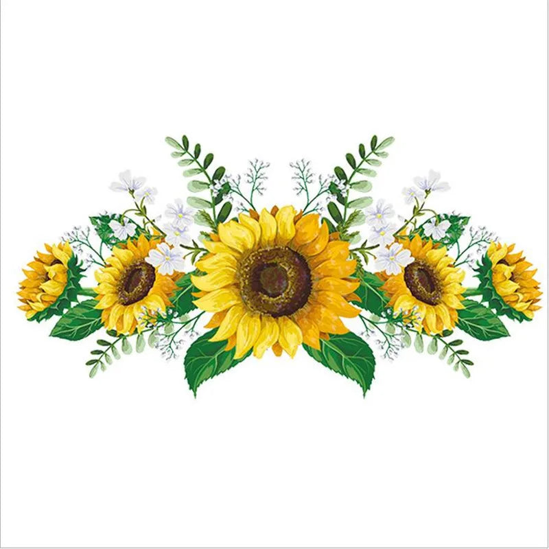A watercolor illustration of a bouquet of yellow sunflowers and green foliage.