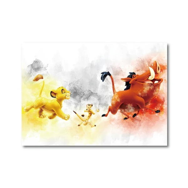 Aquarellmalerei einer Löwenfamilie, Mutter und Kitsche, in warmen orange-gelben Tönen