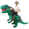A man wearing a green T-Rex inflatable costume and a camouflage hat.