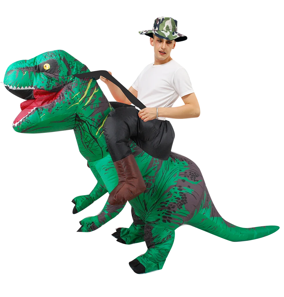 A man wearing a green T-Rex inflatable costume and a camouflage hat.