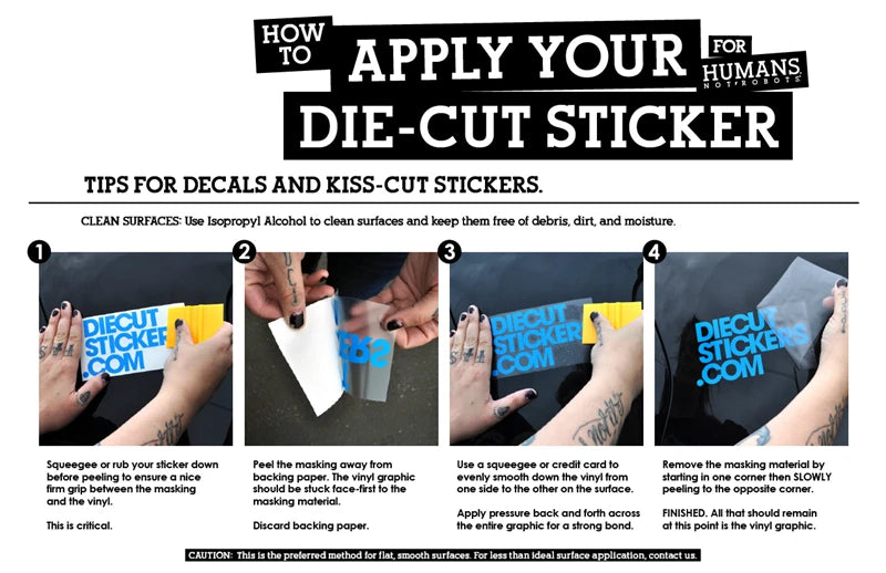 Instructions for applying die-cut sticker decals and kiss-cut stickers on surfaces
