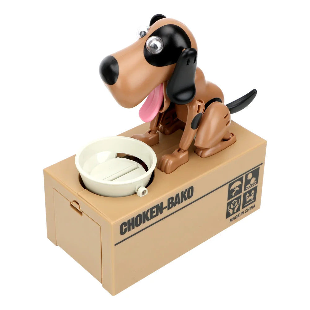 A robotic dog figurine in brown and black is shown sitting on a cardboard box with a bowl.