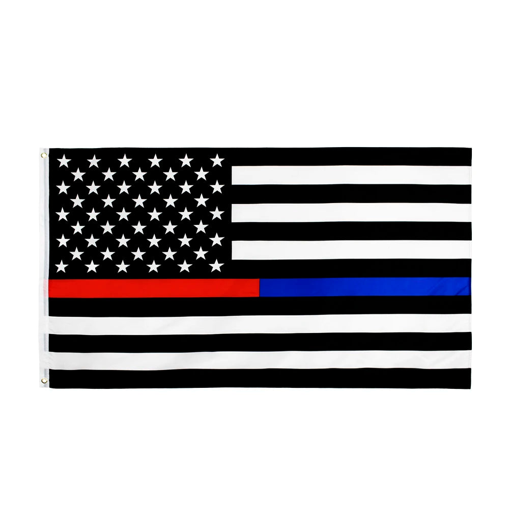 A flag design featuring the American flag pattern with a thin blue and red horizontal line tribute.