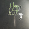 A set of gold acrylic love happy birthday cake toppers with the words Happy Birthday