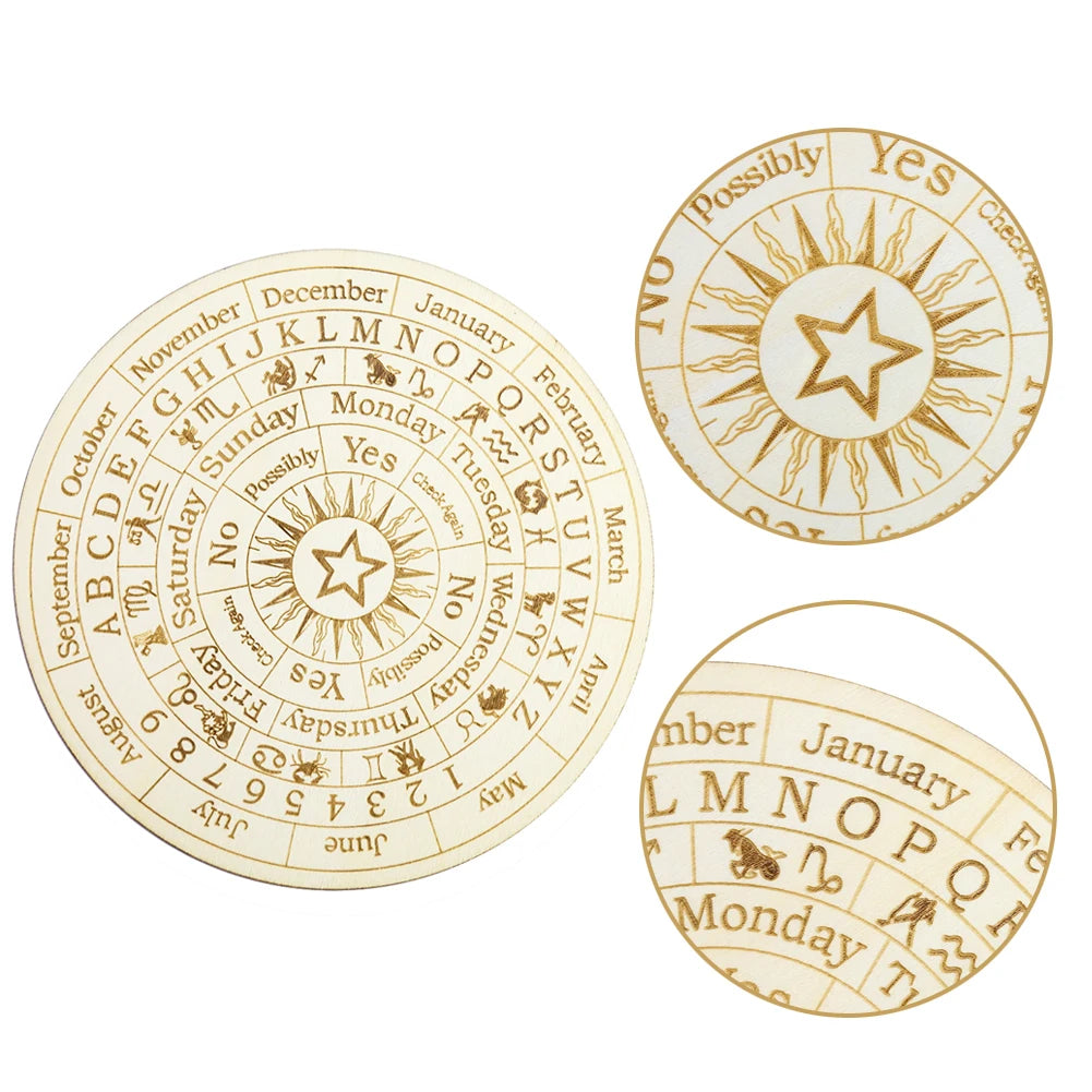 A set of wooden constellation pendulum boards showing zodiac signs and celestial symbols for divination.