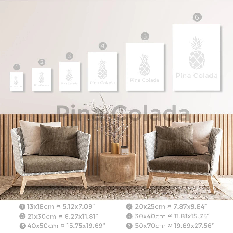 A set of six framed line art prints featuring different sizes of the Pina Colada design.